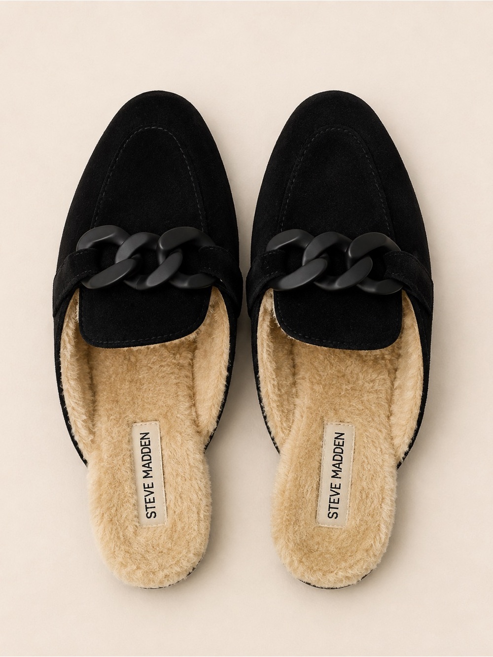 Steve Madden Black Suede Slip-On Mules with Fuzzy Lining – Size 7.5